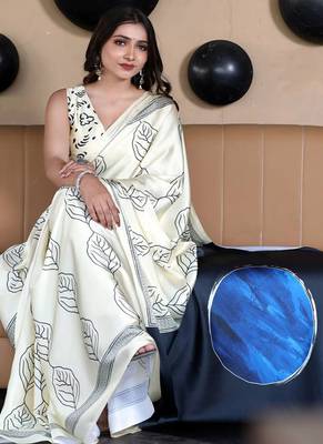 White original japan satin saree with digital print blouse 3