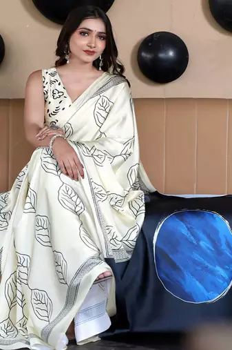 White original japan satin saree with digital print blouse