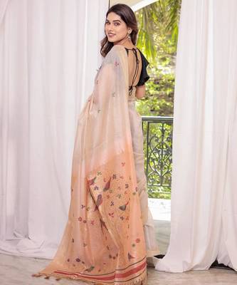 Off-white & peach color muga cotton resham weaving saree 2