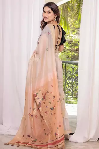Off-white & peach color muga cotton resham weaving saree