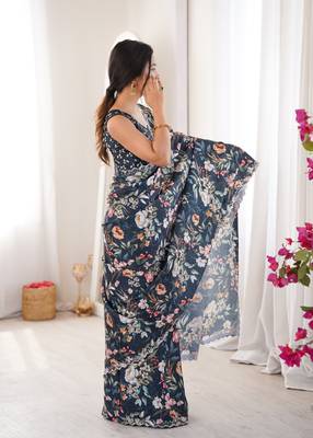 teal silk blend digital printed saree with swarovski diamond work & blouse piece 2