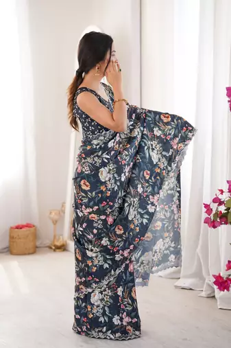 teal silk blend digital printed saree with swarovski diamond work & blouse piece
