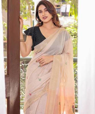 Off-white & peach color muga cotton resham weaving saree 3