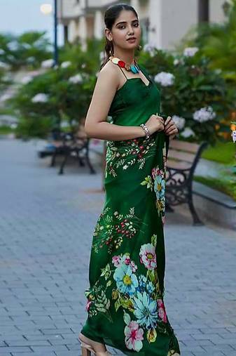 Green original japan devsena satin saree japan satin digital print blouse