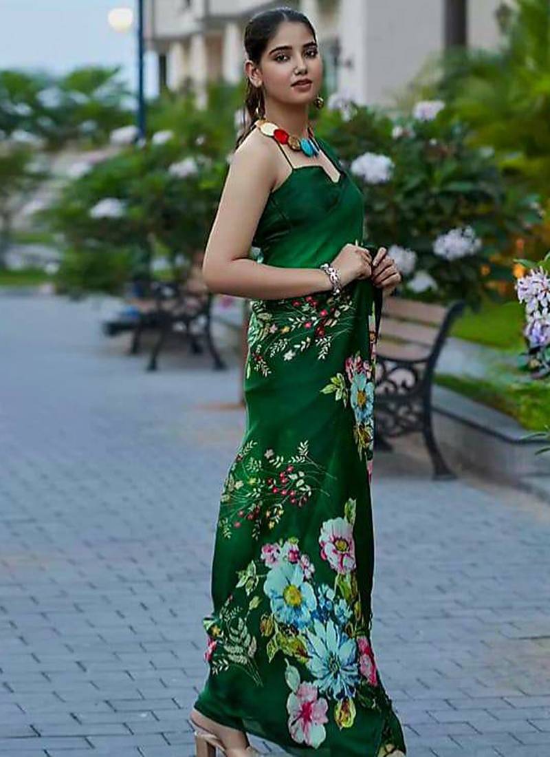 Green original japan devsena satin saree japan satin digital print blouse