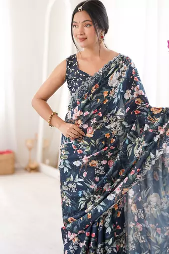teal silk blend digital printed saree with swarovski diamond work & blouse piece
