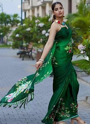 Green original japan satin saree with digital print blouse 2