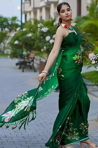 Green original japan satin saree with digital print blouse