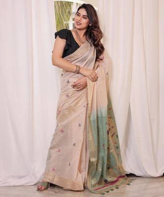 Off-white & rama color muga cotton resham weaving saree 1