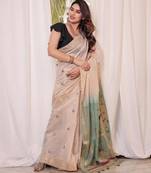 Off-white & rama color muga cotton resham weaving saree