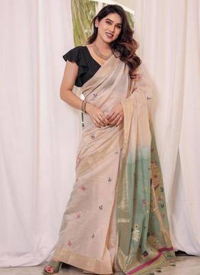 Off-white & rama color muga cotton resham weaving saree 2