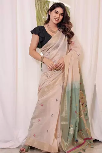 Off-white & rama color muga cotton resham weaving saree
