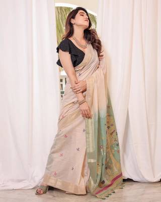 Off-white & rama color muga cotton resham weaving saree 3