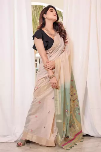 Off-white & rama color muga cotton resham weaving saree