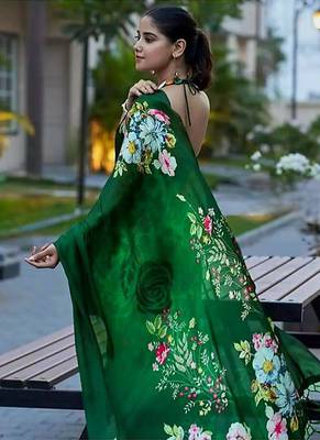 Green original japan satin saree with digital print blouse 4
