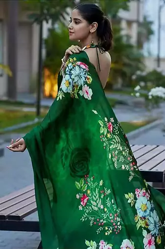 Green original japan satin saree with digital print blouse