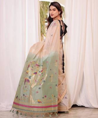Off-white & rama color muga cotton resham weaving saree 4