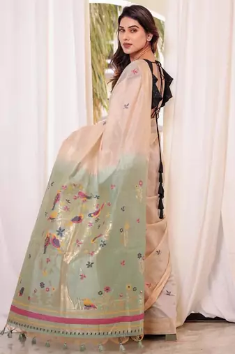 Off-white & rama color muga cotton resham weaving saree