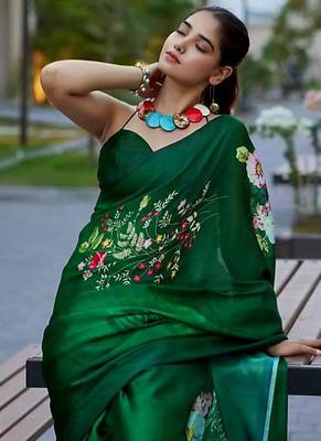 Green original japan satin saree with digital print blouse 5