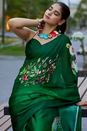Green original japan satin saree with digital print blouse