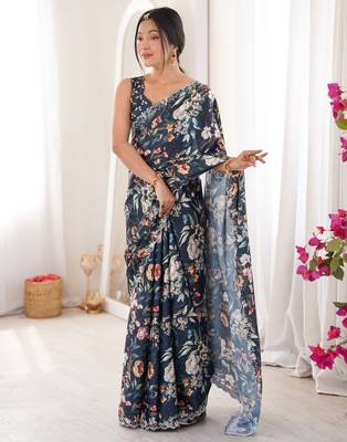 teal silk blend digital printed saree with swarovski diamond work & blouse piece 5