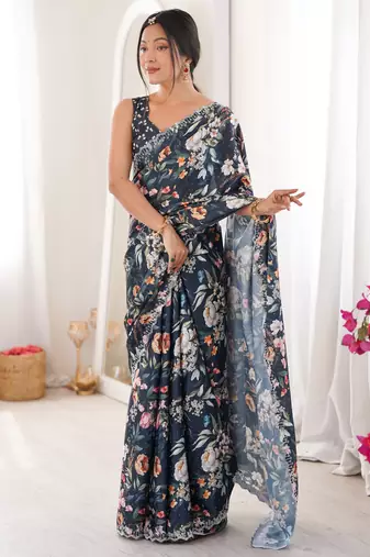 teal silk blend digital printed saree with swarovski diamond work & blouse piece