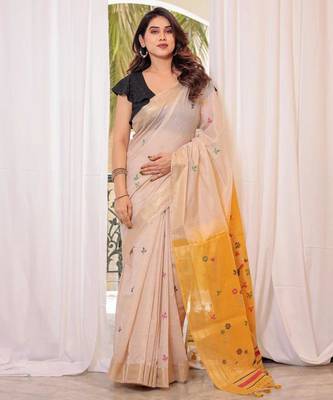 Off-white & yellow color muga cotton resham weaving saree 1