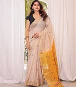 Off-white & yellow color muga cotton resham weaving saree