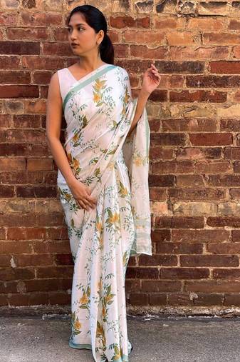 White original japan devsena satin saree japan satin digital print blouse