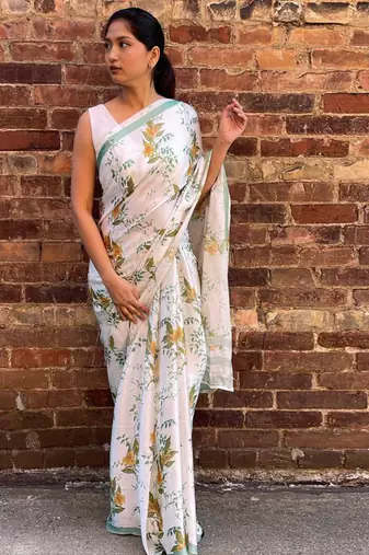 White original japan devsena satin saree japan satin digital print blouse