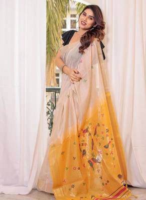 Off-white & yellow color muga cotton resham weaving saree 3