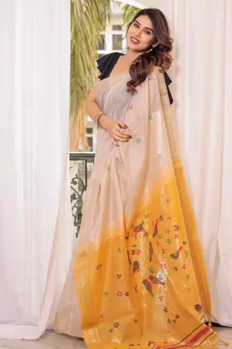Off-white & yellow color muga cotton resham weaving saree