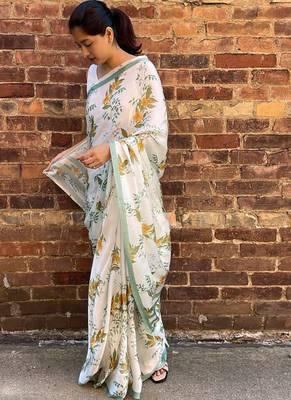 White original japan satin saree with digital print blouse 2