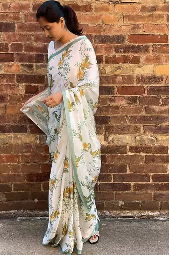 White original japan satin saree with digital print blouse