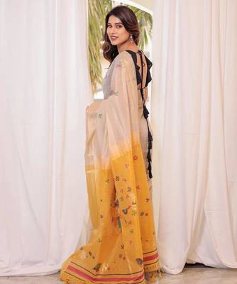 Off-white & yellow color muga cotton resham weaving saree 4