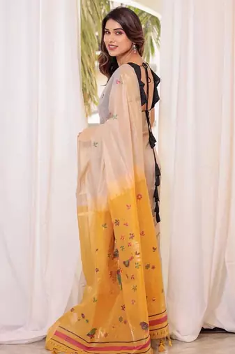 Off-white & yellow color muga cotton resham weaving saree