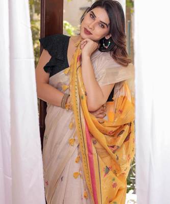 Off-white & yellow color muga cotton resham weaving saree 5