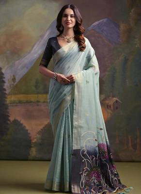 Firozi muga cotton full resham weaving saree 1