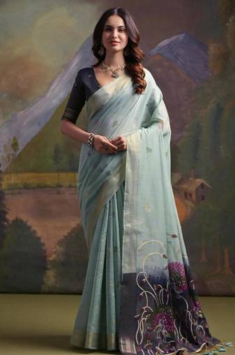 Firozi color muga cotton colorfull resham weaving saree