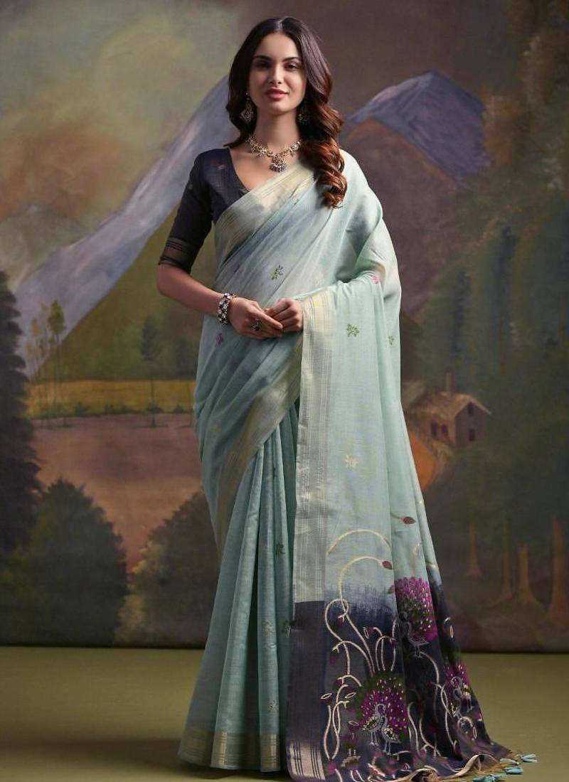 Firozi color muga cotton colorfull resham weaving saree