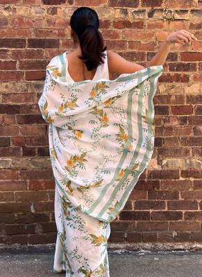 White original japan satin saree with digital print blouse 4