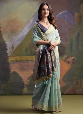 Firozi muga cotton full resham weaving saree 3