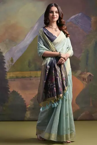 Firozi color muga cotton colorfull resham weaving saree