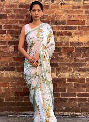 White original japan satin saree with digital print blouse 5