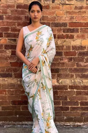 White original japan satin saree with digital print blouse