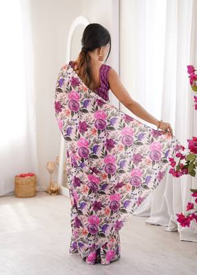 purple silk blend digital printed saree with swarovski diamond work & blouse piece 3