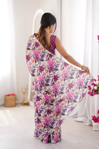 purple silk blend digital printed saree with swarovski diamond work & blouse piece