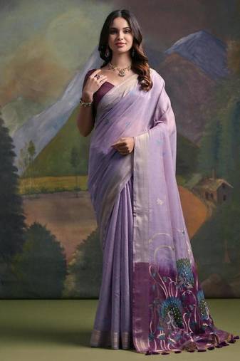 Levender color muga cotton colorfull resham weaving saree