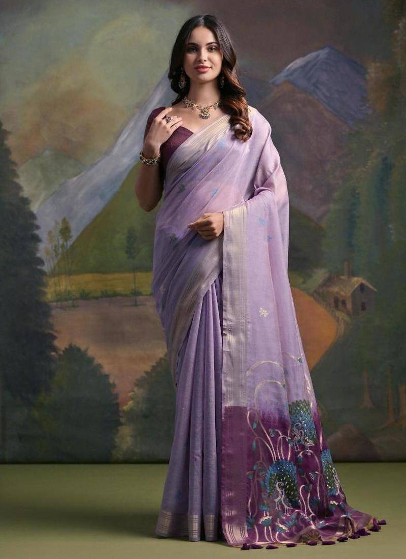Levender color muga cotton colorfull resham weaving saree