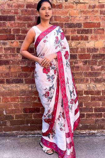 White original japan devsena satin saree japan satin digital print blouse
